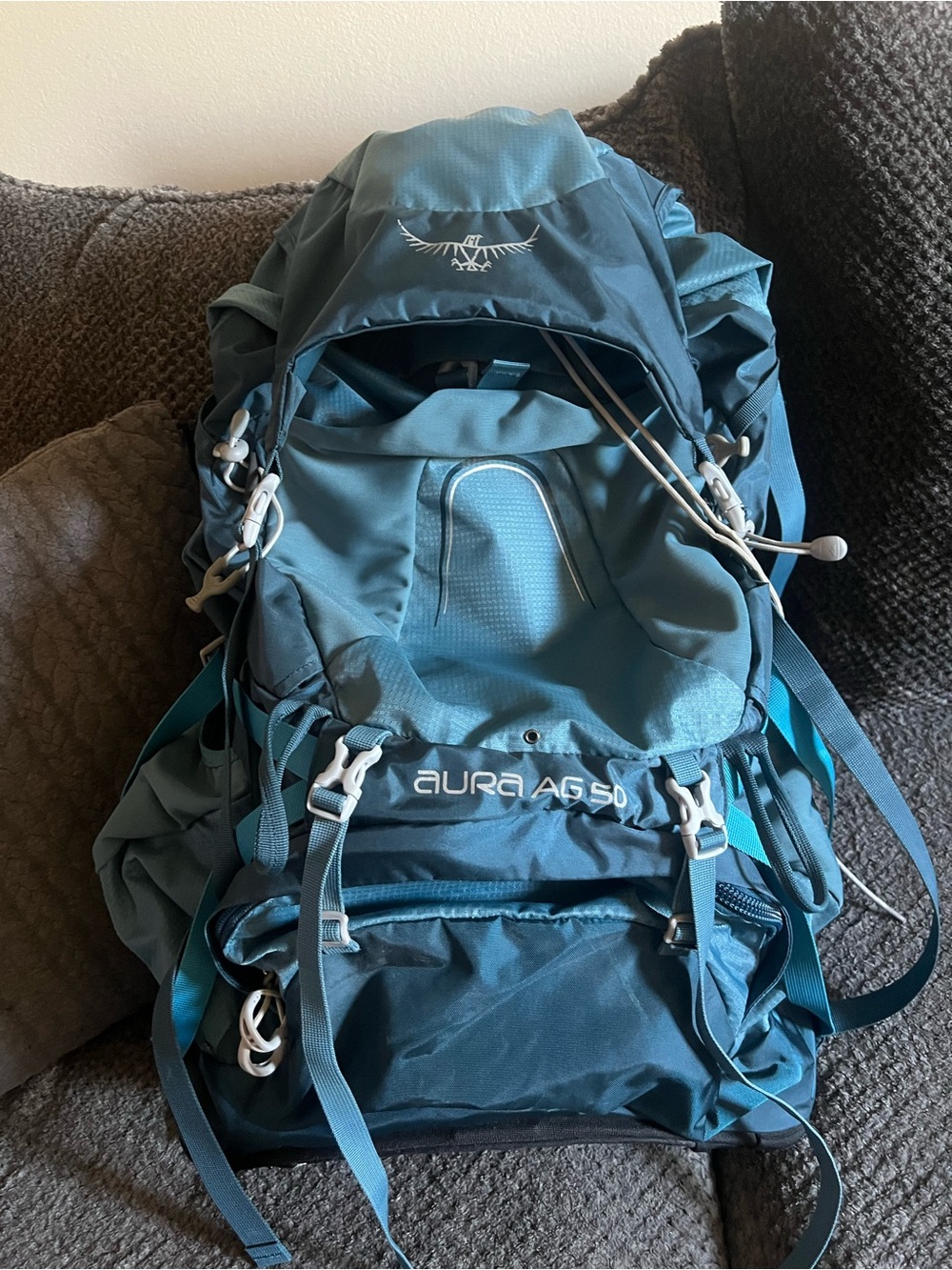OSPREY AURA AG 50L Challenger Blue Anti-Gravity Backpack Hiking Outdoors 16-19in - Picture 2 of 14
